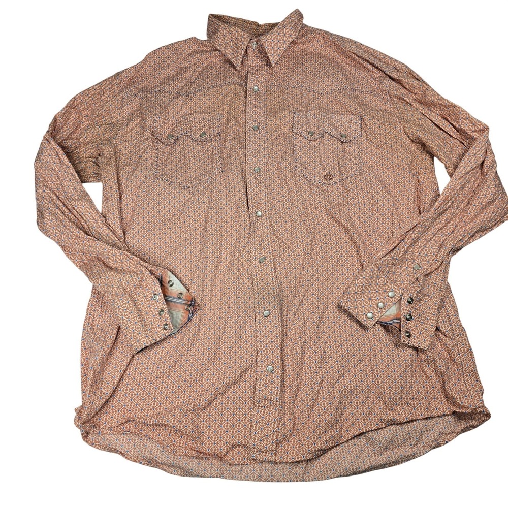 Roper Mens 2XL Pearl Snap Western Shirt Orange Blue Geometric Print 100% Cotton